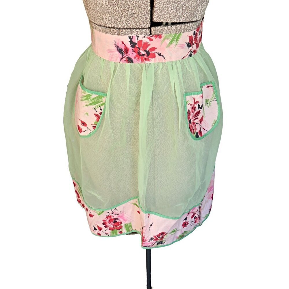 Vintage Apron Chiffon Apple Green Half Apron 1950s